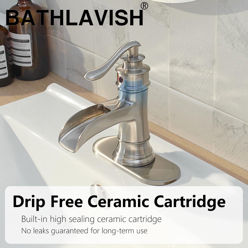 BATHLAVISH Brushed Nickel Waterfall Bathroom Sink Faucet, Single Handle 1 or 3 Hole Farmhouse Bathroom Faucets with Deck, Pop-up Drain, 2 Hoses for Lavatory Washroom Vanity RV - Image 5